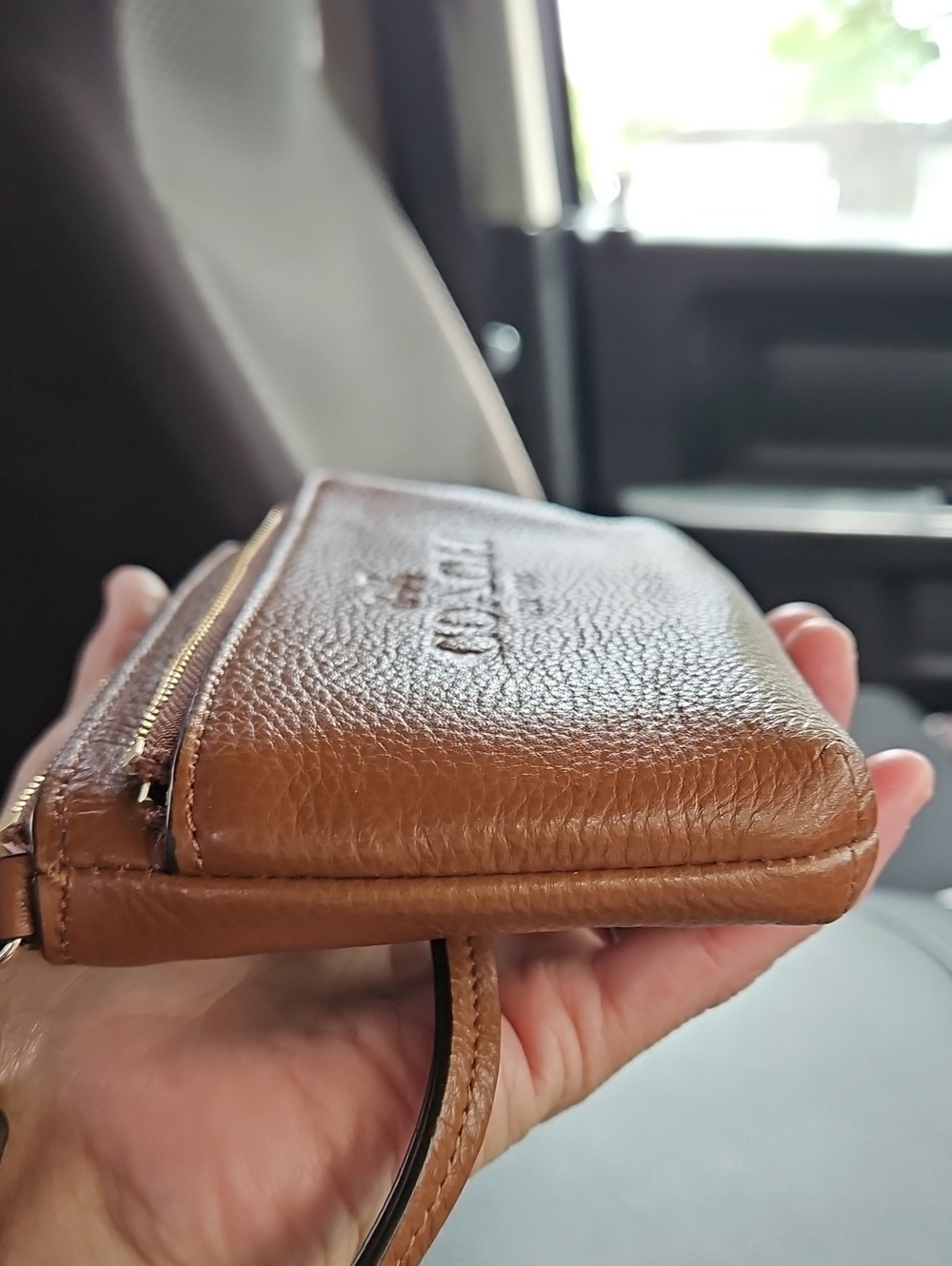 Coach Tan Pebbled Leather Double-Zip Wristlet with Gold Trim - Picture 6 of 12
